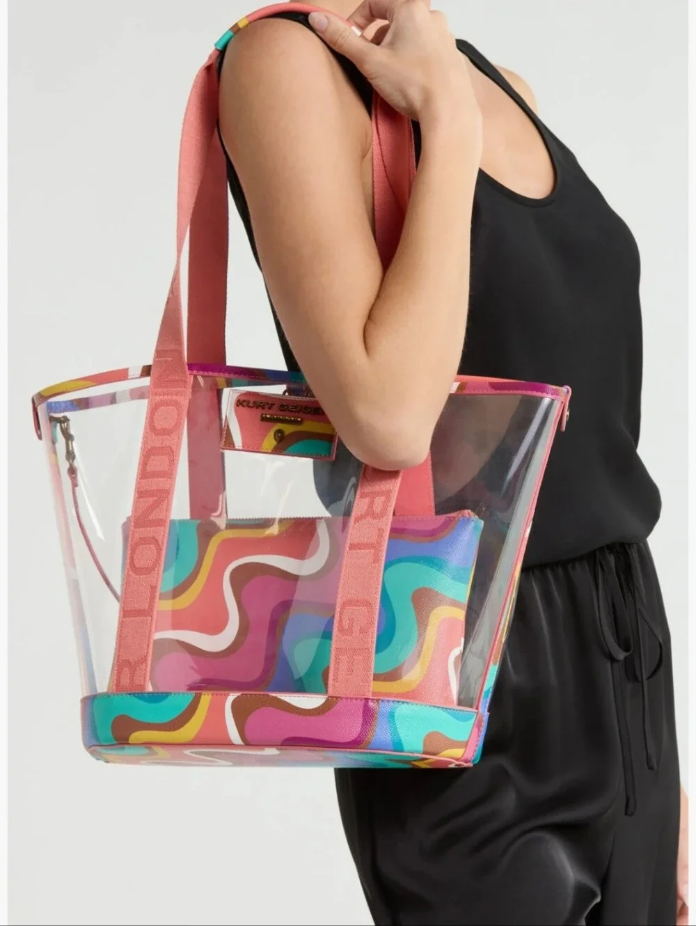 Kurt Geiger Hampstead Clear Tote w/Coral Straps/ Multicolor Swirl Insert/ BNWT